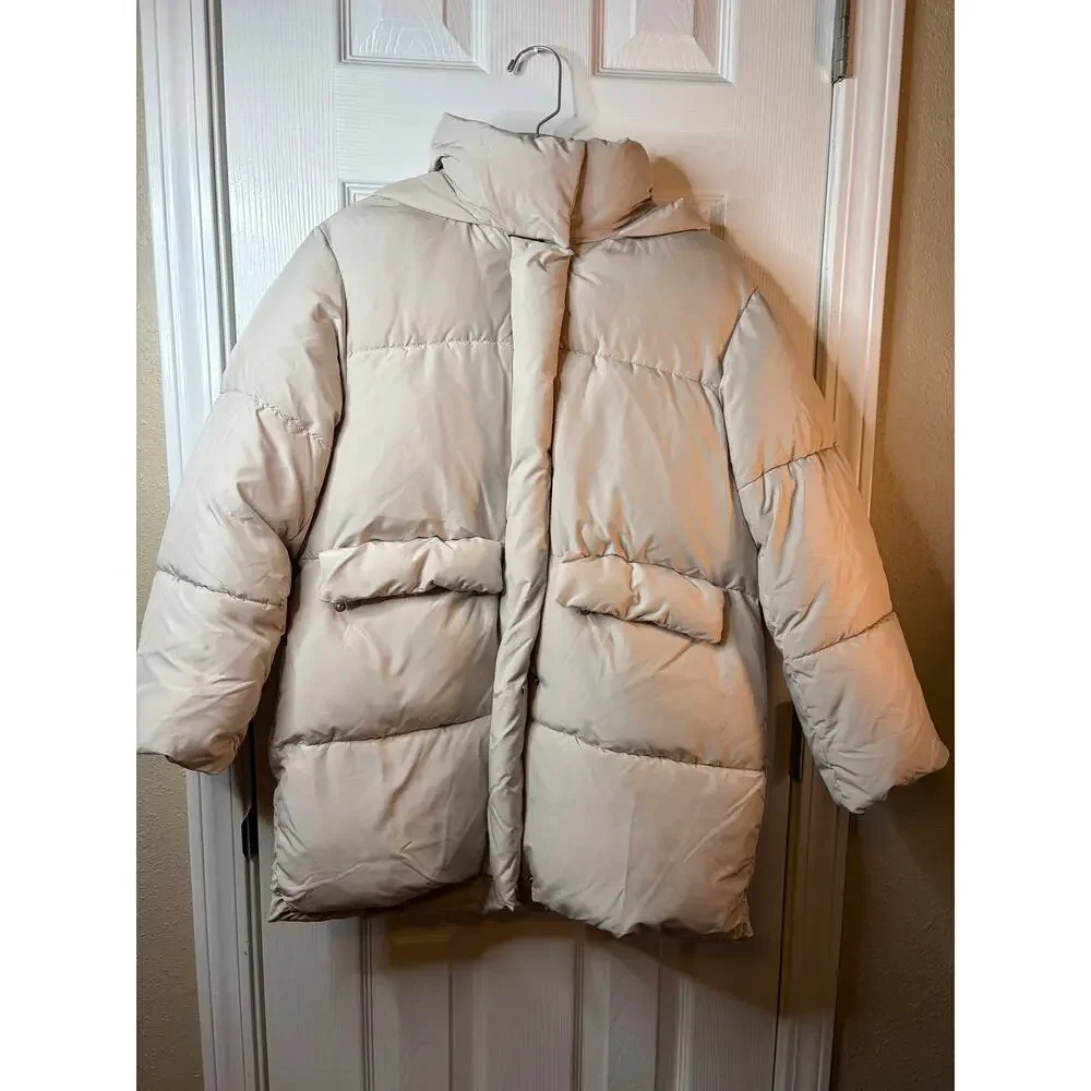 Zara Girls Puffer Jacket with Hoodie Beige Size 11-12